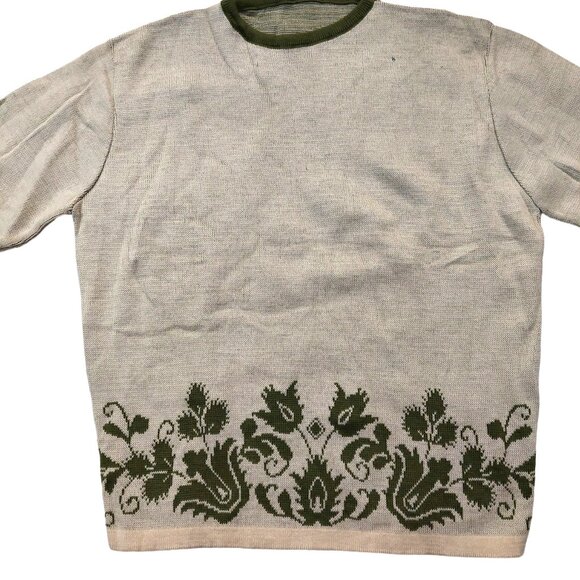 Vintage 1940s-1950s 3/4 Sleeve Crewneck Beige Olive Green Floral Woven Sweater - Picture 3 of 7
